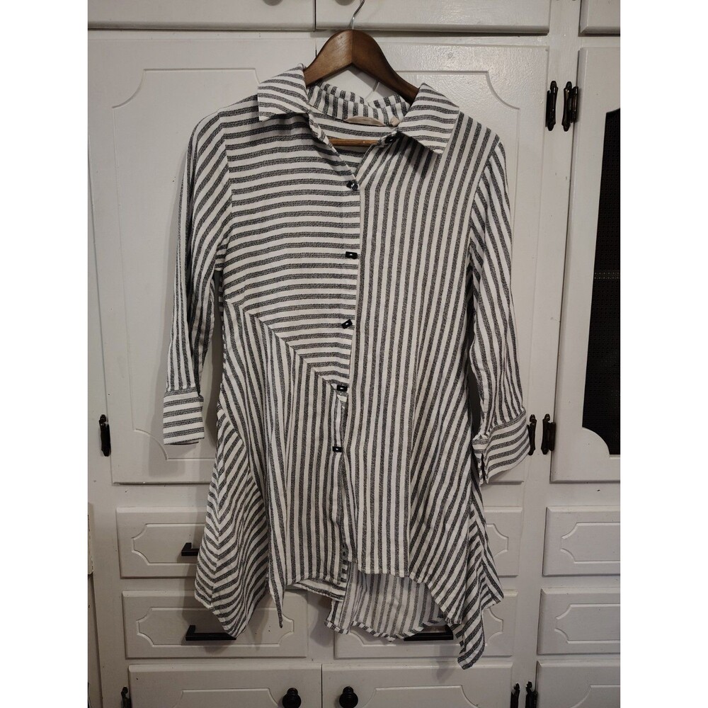 Soft Surroundings STANDOUT Striped Tunic Shirt Blue White Asymmetric Hem Small
